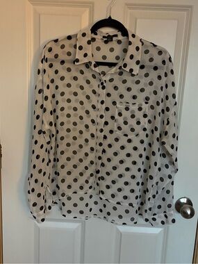 Forever 21 White Sheer Polka Dot Button-Down Blouse